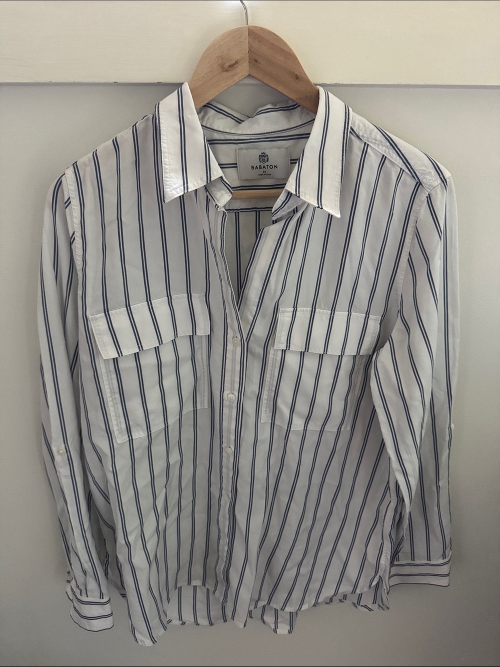 Aritzia Babaton Striped Utility Shirt White Navy Blue 100% Lyocell Button Up M - Picture 6 of 8